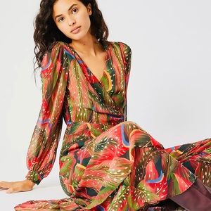 Farm Rio Plumas Wrap Maxi Dress, xsp, Worn 1x, damage to one of the ties